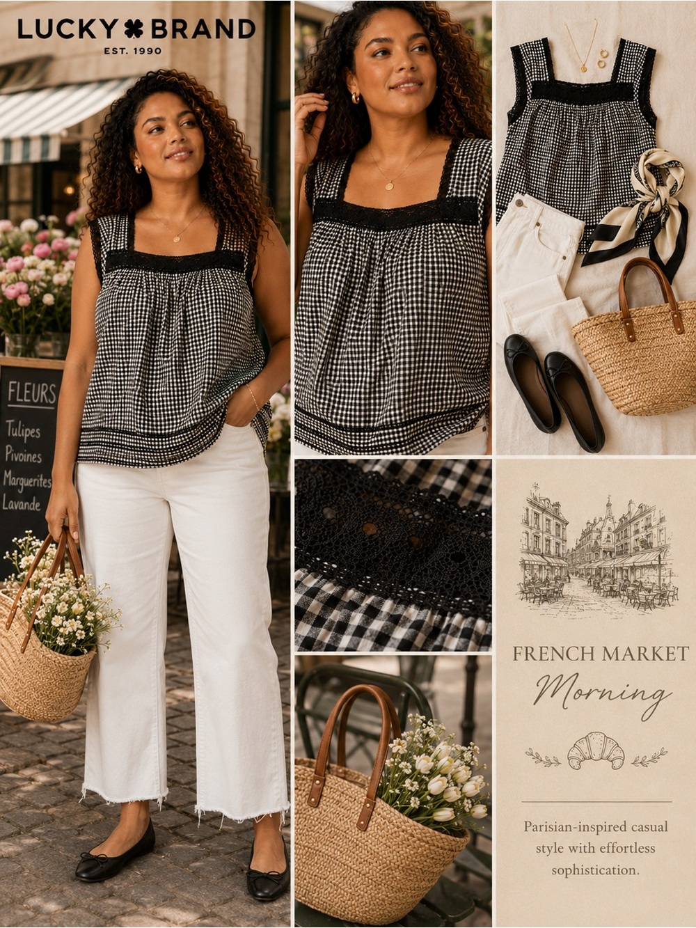 Lucky Brand Lace Trim Tank Top XXL Black Gingham Square Neck Cottagecore Boho - Picture 3 of 14